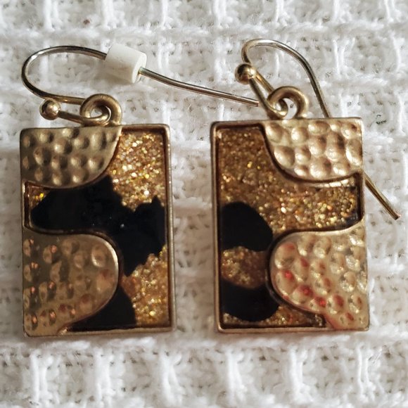 VTG Animal Print Dangling Earrings Hammered Accent Black + Gold Shimmer Enamel - Picture 1 of 3